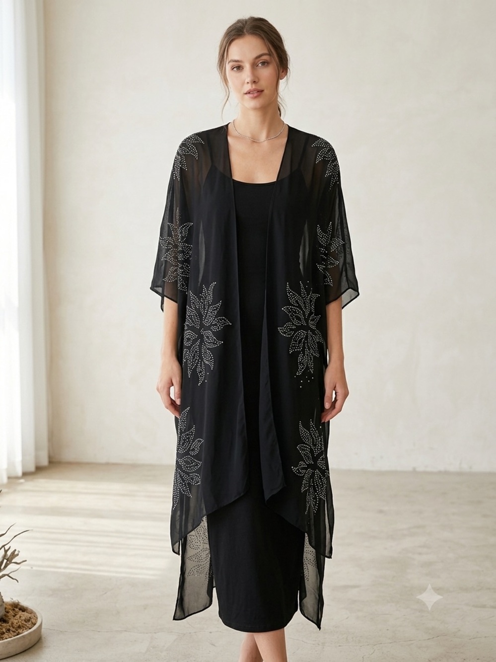 Jessica McClintock Black Sheer Silver Rhinestone Kimono Duster Witchy Whimsigoth